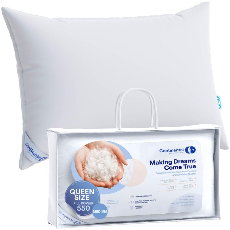 Continental Bedding Medium Queen Pack of 1 White Down Pillows 25 Ounce 550FP Hotel Down Pillows for Supporting Back Side and Stomach Sleepers - Image 1